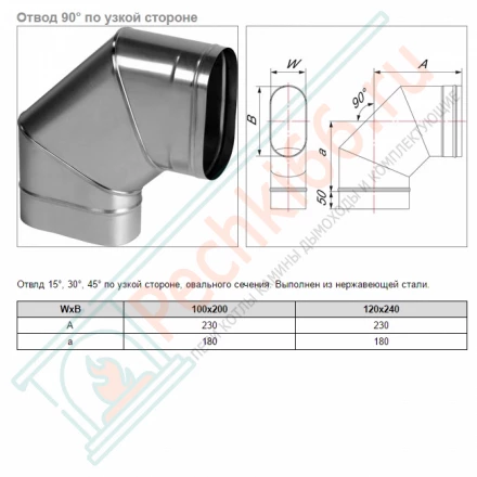 Отвод 90° VOG по узкой стороне (AISI-321/0,8) 120х240мм (Вулкан)
