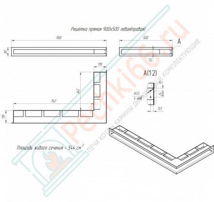 Угловая вентиляционная решетка 900 х 500 (мм) - правый угол, черная (Молодой-Урал)
