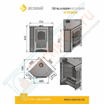 Печь-камин ПК-01-220, угловой, красный (Везувий) до 150 м3